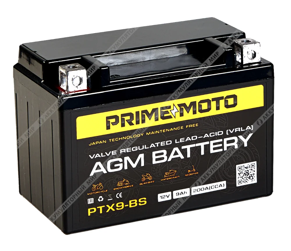 Аккумулятор PRIME MOTO AGM PTX9-BS 9 Ач п.п. Фото 1